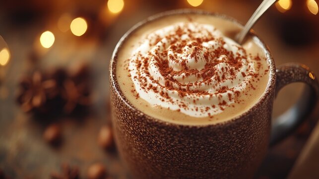 Warm spiced latte with whipped cream in rustic mug.