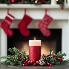Festive Christmas Candle Holly Pine Cone Fireplace Stockings