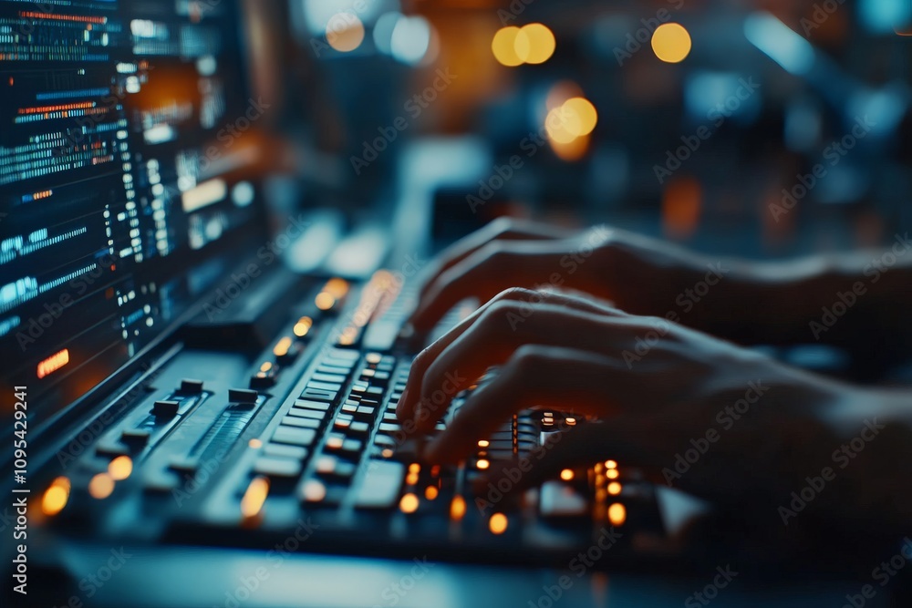 Poster close-up of hands typing on an illuminated laptop keyboard in a dimly lit environment, embodying foc