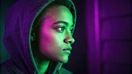 In this portrait a young individual gazes contemplatively with neon green and purple shadows illuminating their forehead and cheekbones. The shadows give a surreal quality to their