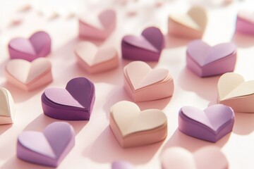Fototapeta premium A romantic scene of scattered paper cut hearts in hues of blush and cerise on a pale pink surface for Valentine's Day.