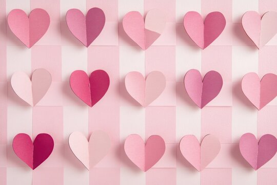 A playful yet elegant Valentinea??s card with a checkerboard pattern of paper cut hearts in alternating pink tones on a light pink background. - Powered by Adobe