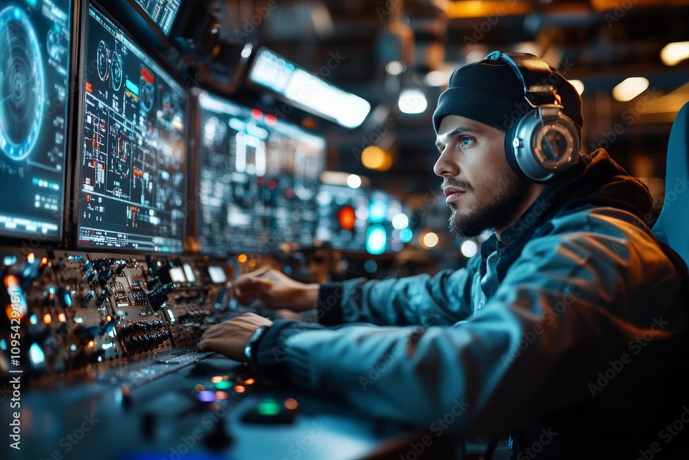 Poster a man with headphones works intensely in a high-tech control room with multiple displays showing com