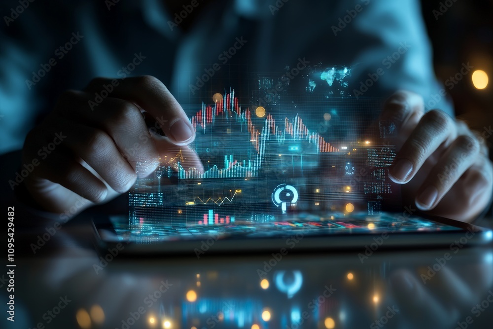 Poster hands interact with a tablet displaying vibrant financial graphs and data overlays, reflecting moder