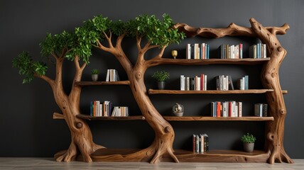 Obraz premium Wooden tree bookshelf with books and plants.