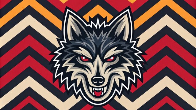 Dashing zigzag patterns in bold colors give a wild appearance contrasting with a fierce wolf mask that showcases sharp features.