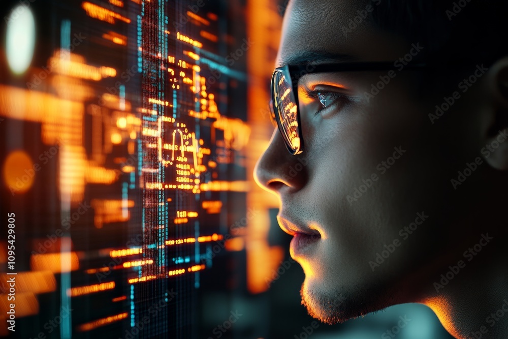 Poster a young person focusing intently on a digital screen filled with holographic data, embodying the int