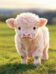 Fototapeta premium Fluffy white calf on green pasture 
