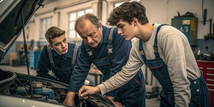Senior and junior mechanics collaborating, inspecting and repairing a car engine together in an auto repair shop, demonstrating teamwork and mentorship