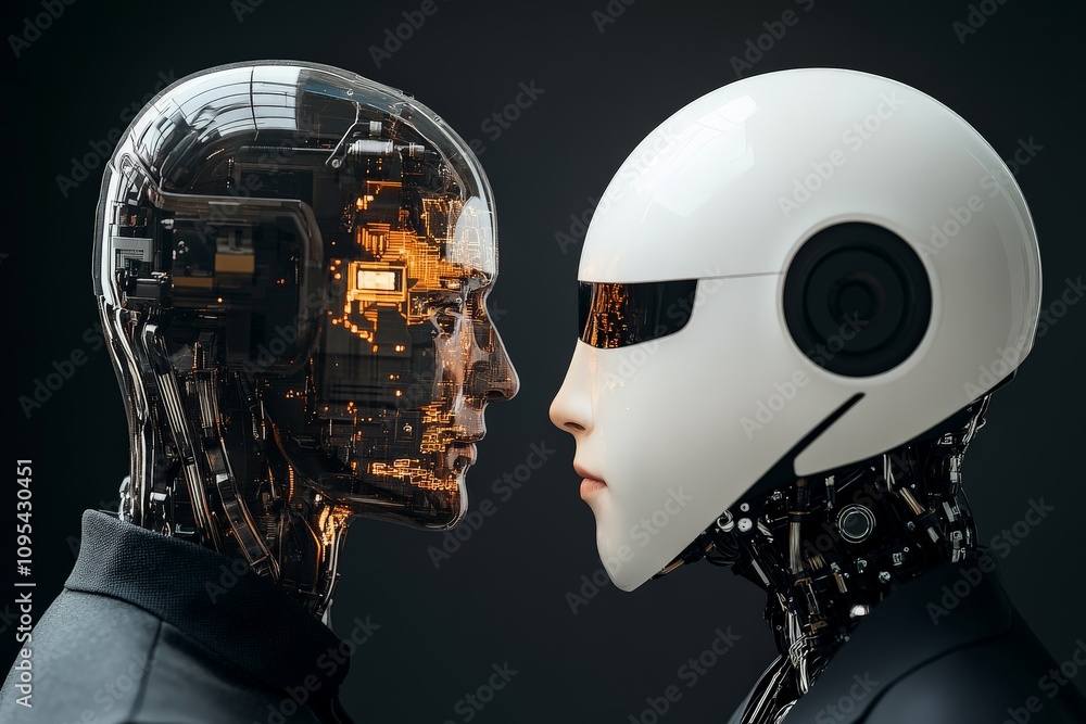 Poster profile view of two robots facing each other, one with visible circuits, exemplifying an exploration