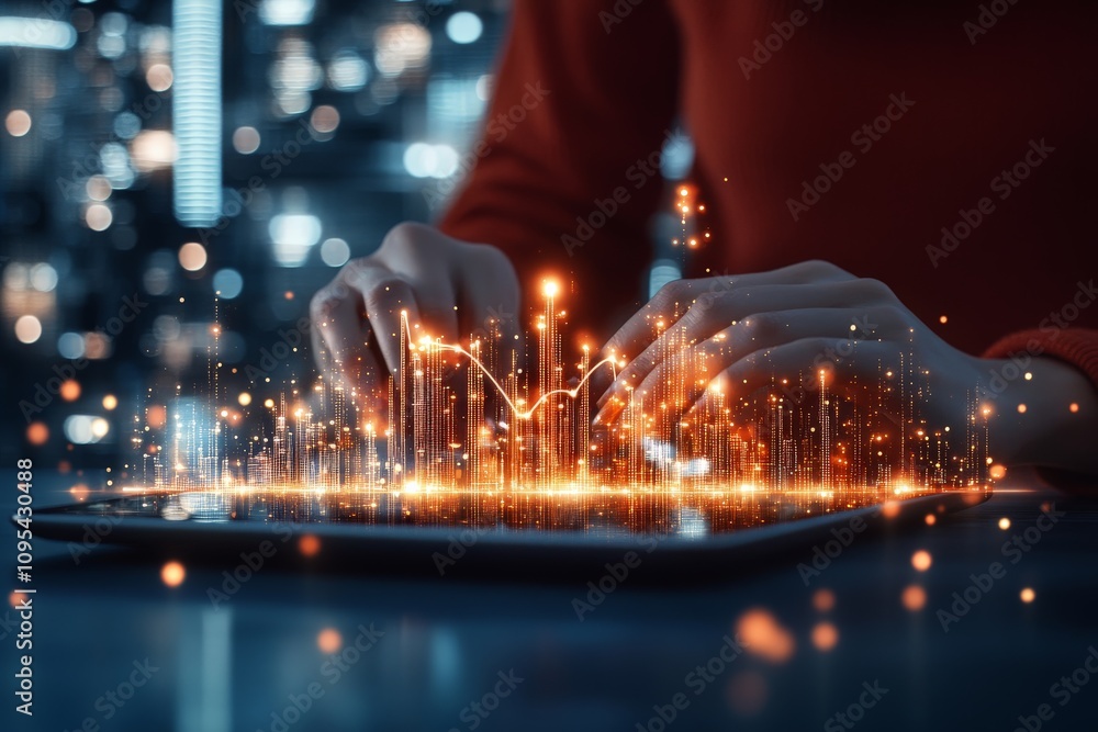 Poster hands interact with a digital tablet emitting bright data streams and graphs, symbolizing the dynami