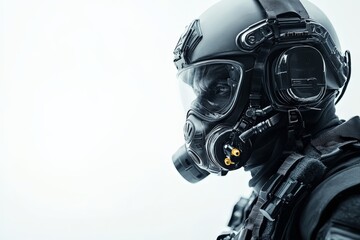 Fototapeta premium An individual equipped with tactical gear and a high-tech mask, symbolizing preparedness and modern defense against potential threats in an uncertain world.