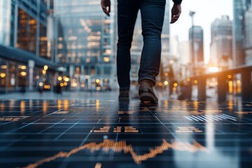 Fototapeta premium A person walks over a digital floor featuring illuminated lines and data patterns, in a sleek, modern city setting, illustrating concepts of progress and future.