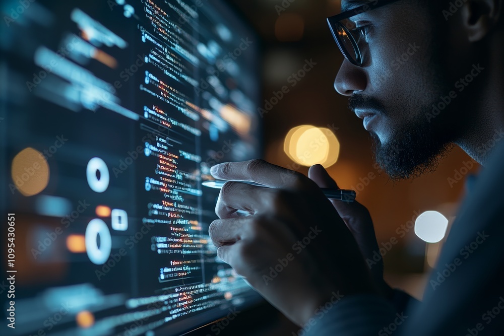 Poster a focused individual in glasses examining code on a digital interface, representing technological pr