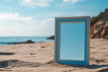 Unique reflection of the sky and beach captured in a mirror on sandy shore during daytime