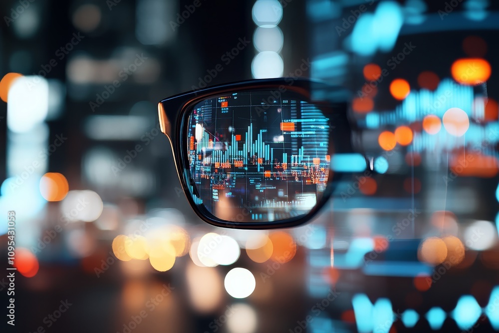 Poster digital data is elegantly reflected on the surface of a pair of glasses, showcasing a fusion of tech