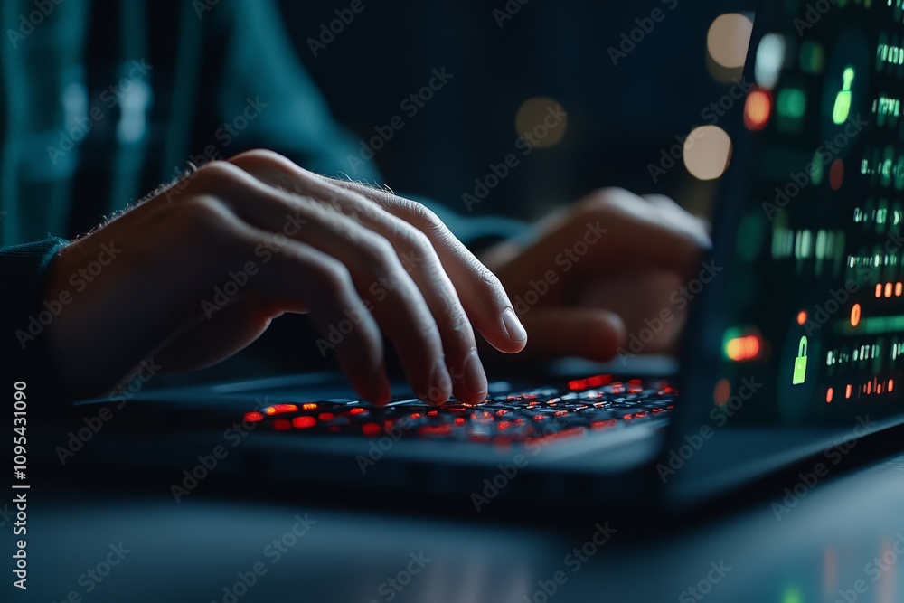 Poster at night, a hacker types on a laptop, illuminated by the vivid red glow of the keyboard, depicting a