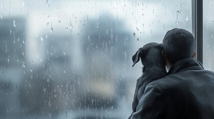A man and a dog look out a rain-drenched window, sharing a quiet moment on a gray rainy blue Monday day