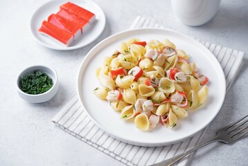 Imitation crab sticks pasta in a plate