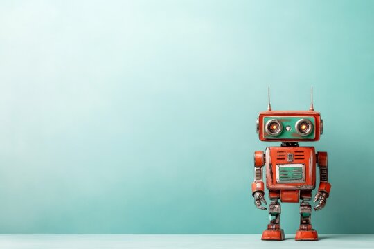 An iconic retro-style red robot stands tall against a teal background, showcasing vintage charm and technological simplicity, reminiscent of classic futuristic visions.