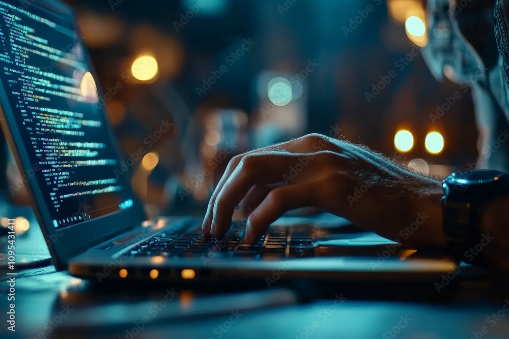 Poster hands actively typing code on a laptop in a dimly lit room, indicating work, technology engagement, 