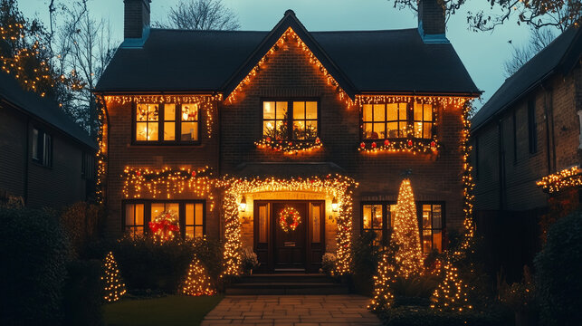 House in U.K decorated for Christmas with outdoor lights and ornaments