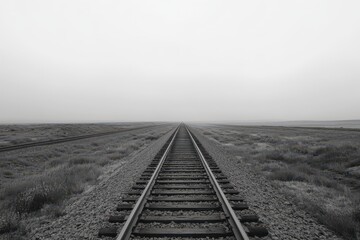 Train tracks stretch into the foggy distance across a desolate landscape under a grey sky