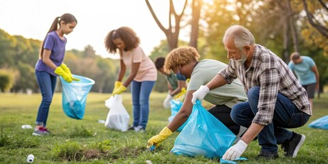 Volunteers wearing gloves are collecting trash and putting it into plastic garbage bags during a community cleanup event in a public park