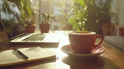 Morning Coffee Break at Cozy Cafe: Laptop, Notebook, and Red Mug