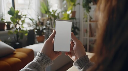 Holding a smartphone while relaxing in a cozy plant-filled room