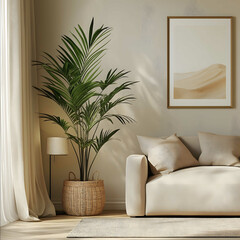 3D rendering of a living room with a large potted palm plant and a poster on the wall A beige sofa beige curtains a lamp and a basket in the corner Minimalist home decor