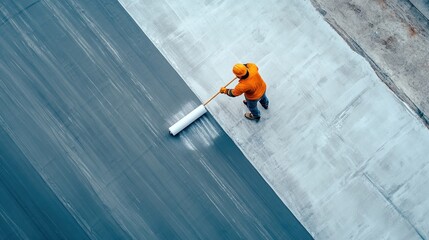 Aerial View of a Construction Worker Applying Waterproofing Membrane on a Rooftop