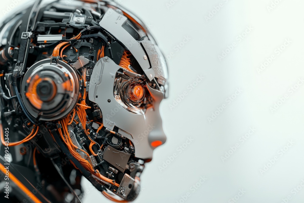 Poster a detailed view of an advanced robotic figure exhibiting its internal structure with visible mechani