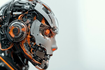 Fototapeta premium A detailed view of an advanced robotic figure exhibiting its internal structure with visible mechanisms, conveying a high level of technological sophistication.