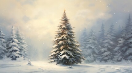 Fototapeta premium A snow covered forest with a large, central evergreen tree bathed in soft light.