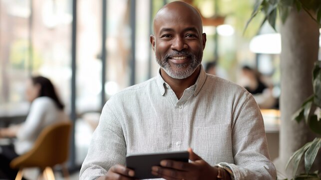 Middle-aged African American man with a gentle smile reviewing his goals on a tablet in a modern spacious co-working space. The room with natural light, blurred people are working in the background