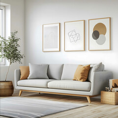 Simple and stylish wooden leg sofa in light grey fabric elegant design sofa on the left side of the room Natural light through the Windows illuminates the room and crea