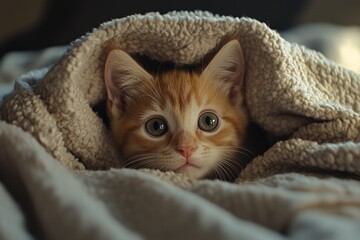 Adorable ginger kitten peeking out from a soft blanket, enjoying comfort and warmth