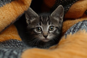 Small gray kitten nestled in a warm, soft blanket, enjoying comfort and security
