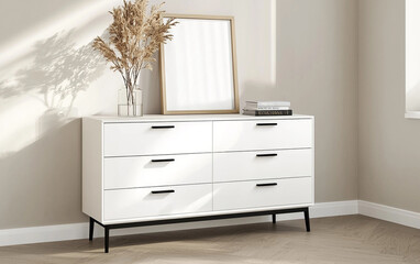 Frame mockup,  Elegant white dresser with empty frames and decorative vase, illuminated by warm sunlight, creating serene and stylish atmosphere