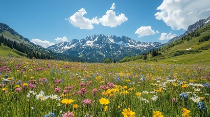 Obraz premium A wooden house sits in a field of colorful wildflowers