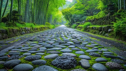 A serene stone pathway lined with lush greenery and bamboo, inviting tranquility and exploration.