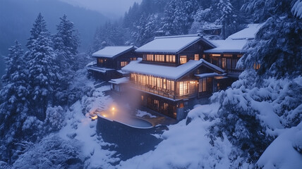 雪景色に包まれる温泉宿の静けさ