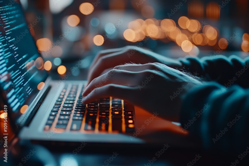 Poster hands actively type code on a laptop keyboard, framed by softly blurred city lights, symbolizing pro