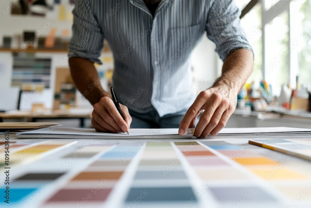 Aufkleber A designer is sketching on a desk with various color swatches and samples, focusing on creating a visually appealing design. The scene is bright and creative.