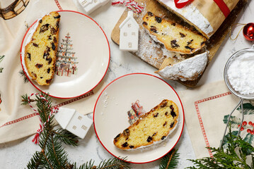 Christmas curd stollen on a Christmas rustic background
