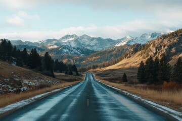 Fototapeta premium Scenic mountain road winding through valleys and peaks on a clear autumn day