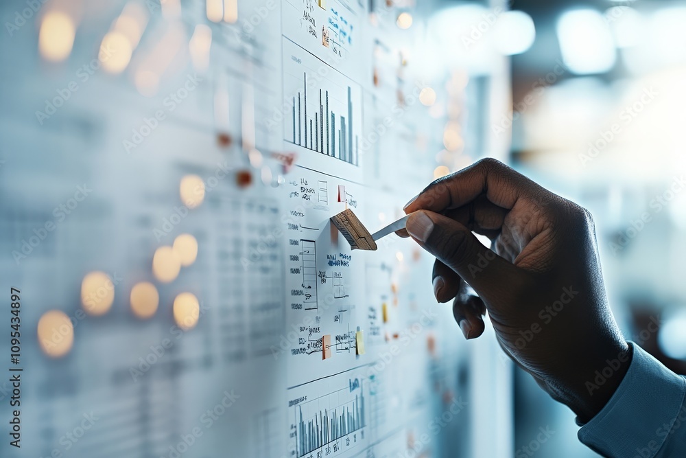 Poster a hand points to a data chart on a digital board, highlighting interaction, analysis, and focus in a
