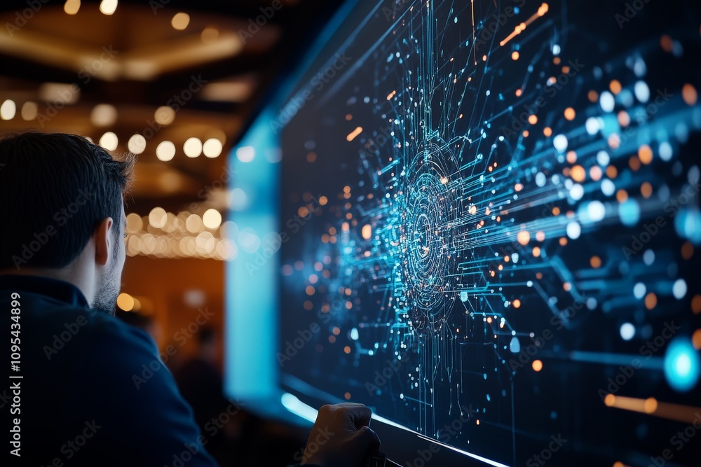 Poster an engineer studies complex data visuals on a wide interactive screen, highlighting analytical skill