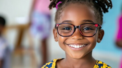 The smile of a child receiving a new pair of glasses, symbolizing access to healthcare and vision correction, photography style